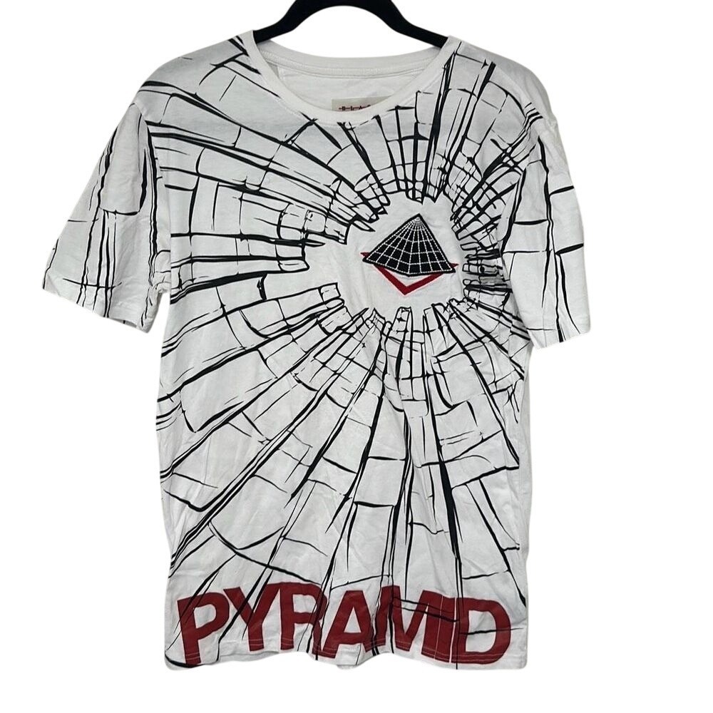 Black Pyramid Mens White Black Cotton Pyramid Print Pullover T Shirt Size Medium